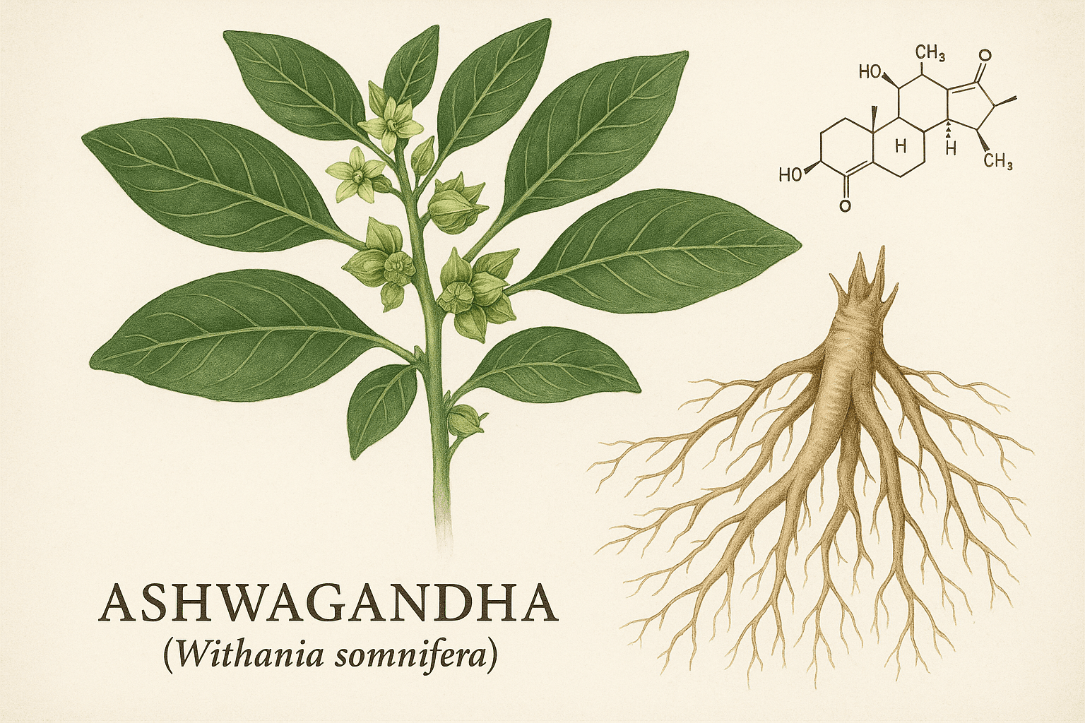 Ashwagandha plant with leaves, flowers and root system